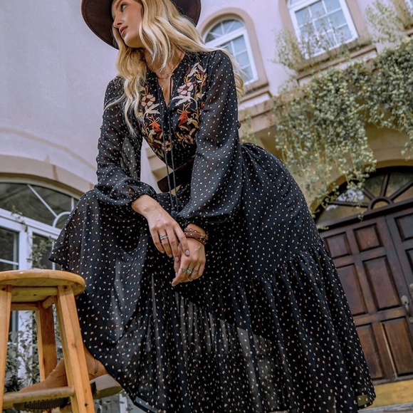 floral print embroidered dot long sleeve dress - Picture 4 of 6